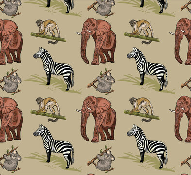 Safari repeat pattern design with elephant and zebra illustrations in vector
