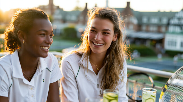 Ultra-premium preppy tenniscore lifestyle photography, two young women in matching white and green tennis outfits sitting on a sunlit private tennis club terrace after a match, rac