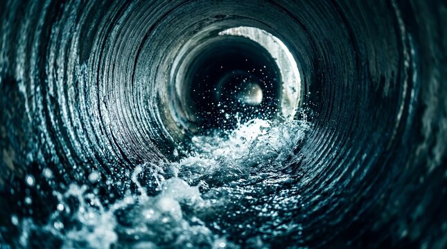 Hydro jetted water cleaning inside a large main sewer line.