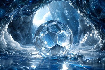 Naklejka premium Crystal soccer ball glistens in icy cave with frozen walls and shimmering blue water around it slowly.