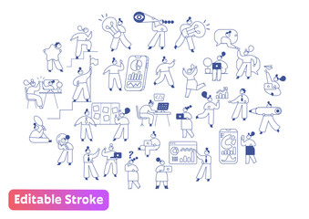 Minimal business people character set with productivity, teamwork, analytics, ideas, success, goals and SaaS work scenes in blue outline vector style with editable strokes.