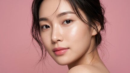 Naklejka premium Intimate portrait of a beautiful Asian woman with flawless skin highlighting facial care and K beauty.