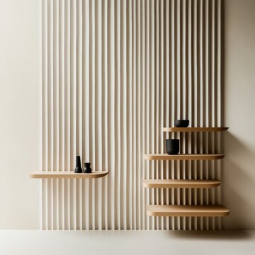Modern minimalist interior showcasing a cream fluted accent wall, natural oak floating shelves in an asymmetric composition, adorned with sleek matte black ceramics. Elegant design.