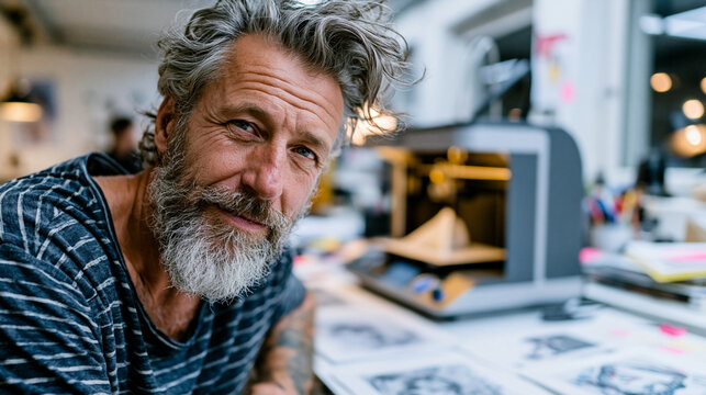 Male industrial designer leaning in to closely observe a precision desktop 3D printer producing a white product prototype in a bright design studio, sketch drawings and previous pr