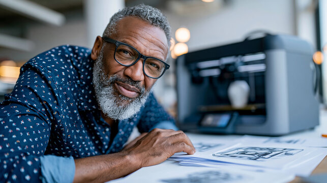 Male industrial designer leaning in to closely observe a precision desktop 3D printer producing a white product prototype in a bright design studio, sketch drawings and previous pr