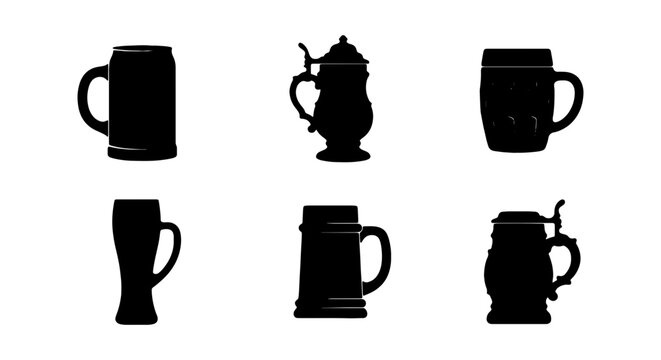 Beer Mug Silhouettes, Vintage Steins, Oktoberfest Drinkware Icons, Vector Set
