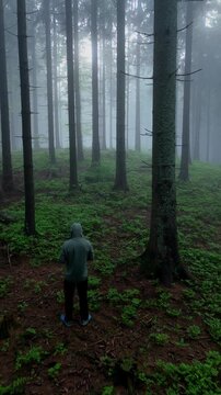 Vertical Aerial Drone Video of Lone Person Standing in Misty Spruce Forest with Green Undergrowth