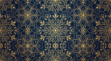 Seamless luxury pattern with golden floral mandala ornaments on a deep navy blue background © Saharia