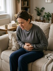 Obraz premium Caucasian woman patient sitting on sofa and clutching stomach in pain. Food poisoning and digestive health problems vertical banner