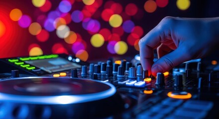 Obraz premium Professional DJ Hand Mixing Music on Controller with Colorful Bokeh Background in Nightclub