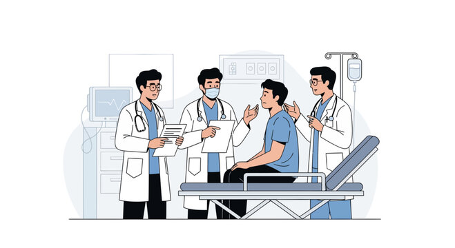 Doctors examining patient in clinic, medical consultation, healthcare team