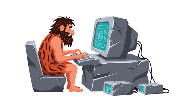 Caveman in an animal skin outfit uses a primitive stone computer with a stone monitor and keyboard representing evolution of tech.