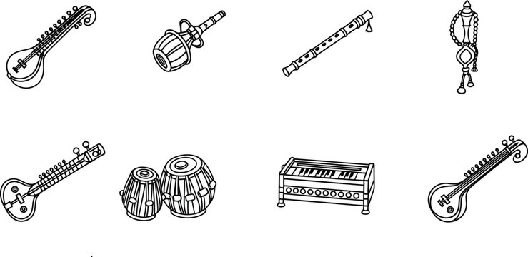 Indian musical instruments collection sitar tabla flute and harmonium line art set