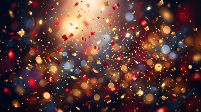 Labor day celebration with colorful confetti and bokeh lights on a dark background