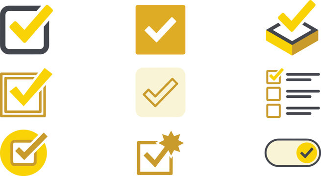 Yellow check mark validation vector icon set featuring approved badges isometric checklist ticks and toggle button elements