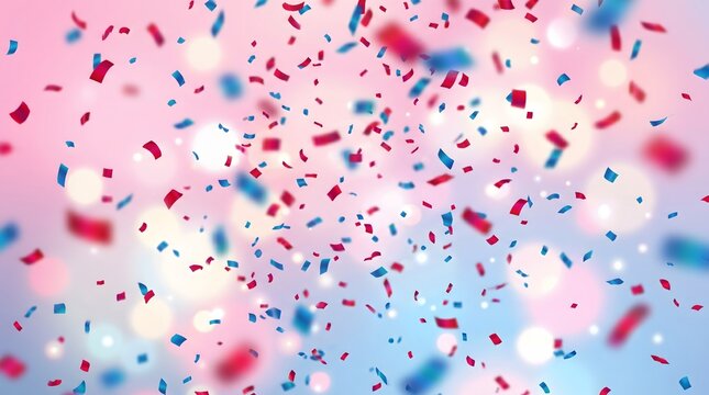 Labor day celebration with colorful confetti falling on a pink and blue background