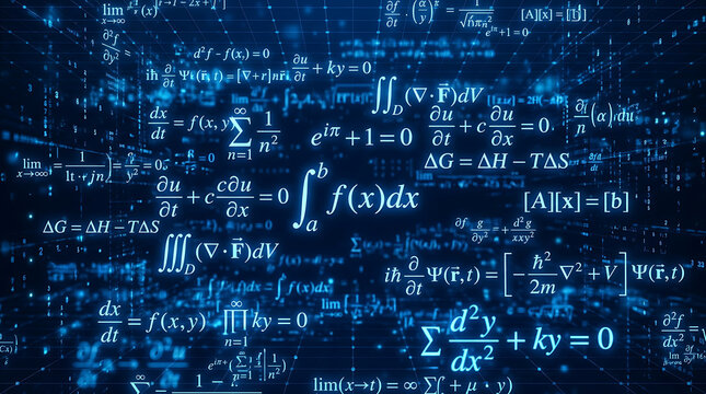 Glowing blue mathematical equations and formulas floating in dark digital data space for science