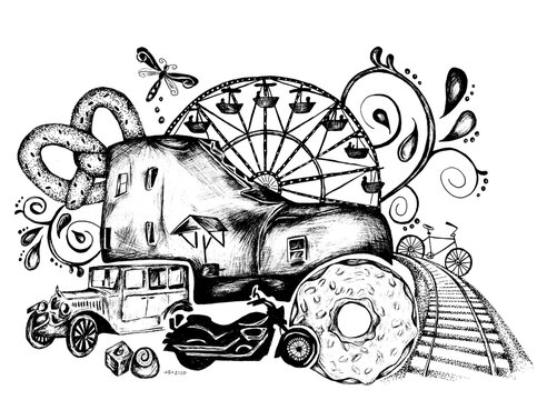 Hand drawn pen and ink illustration of the tourist attractions in York, PA - human made art