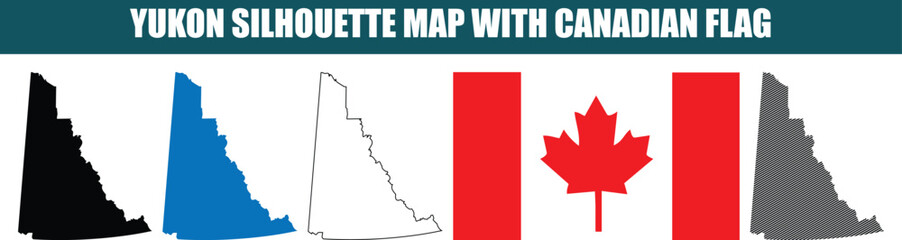 Fototapeta premium Yukon silhouette map with canadian flag vector illustration collection showing territory boundaries in black blue outline and striped styles for northern design.
