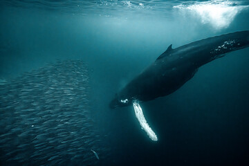 Obraz premium Humpback whale (Megaptera novaeangliae) feeding on herring during the annual herring migration in Norway