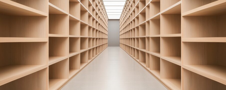 Symmetrical vanishing point perspective of an empty, minimalist corridor, light wood cubby shelves, clean modern design, symbolizing potential storage and order, Architecture, Interior