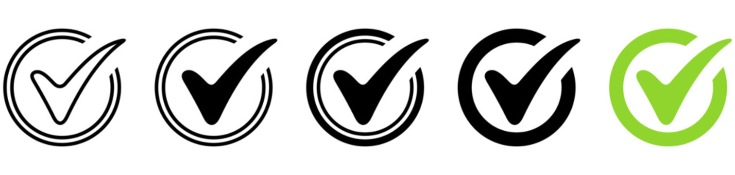 Modern checkbox check mark icon set featuring circular frames with outline, filled, black, and green variations, ideal for success, approval, verification, task completion, and UI interface design.