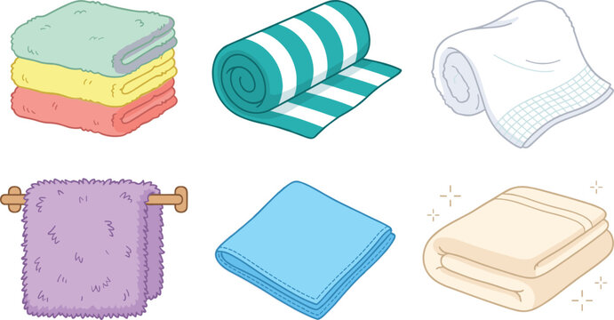 Bathroom towel vector icon set featuring rolled folded stacked and hanging soft cotton bath and beach linens