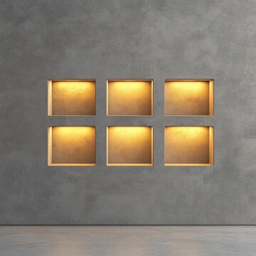 Textured grey concrete wall featuring six warm-lit square niches in a 2x3 layout. A modern, minimalist display concept for architectural interiors., Interior Design, Showcase