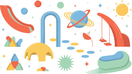 Cosmic playground set with space theme slides and climbing frame and planet shapes and astronomical outdoor structures. © Zahangir