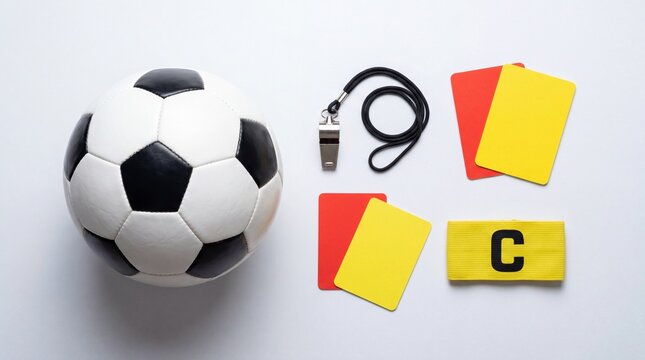 Soccer ball with championship referee cards and whistle on white background