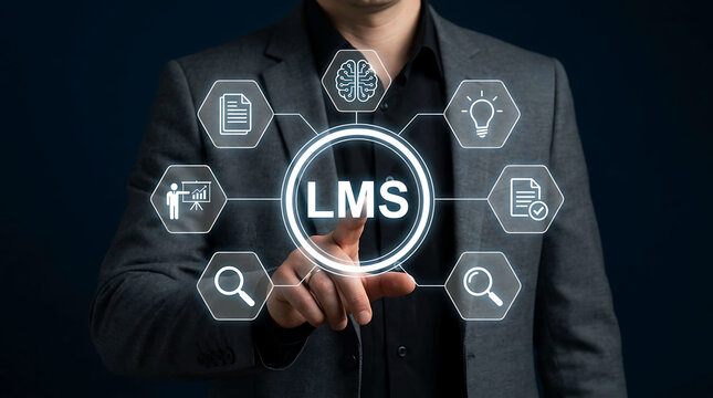 Businessman touching LMS learning management system icon on virtual screen concept