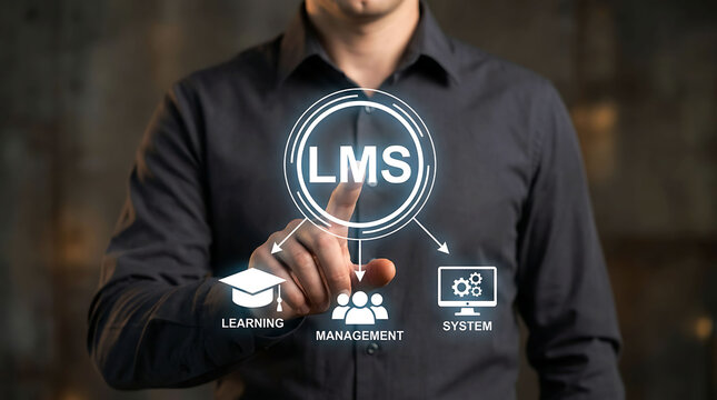 Businessman touching LMS learning management system virtual screen icon concept