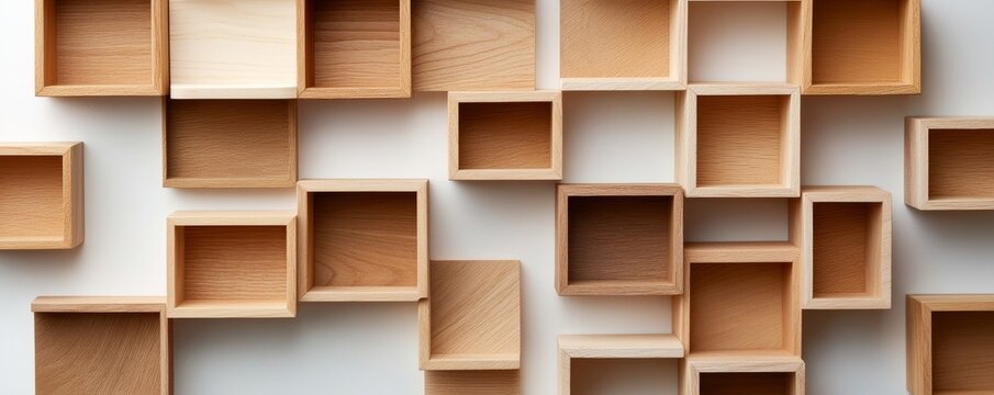 Wall-mounted display of diverse wooden boxes in a structured yet dynamic pattern on white, emphasizing natural wood grains, modularity and minimalist storage potential. Woodwork,