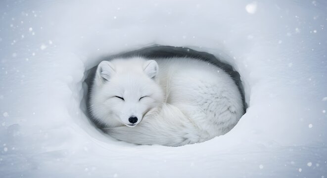 Arctic fox curled sleeping in snowy den during gentle snowfall serene wildlife concept