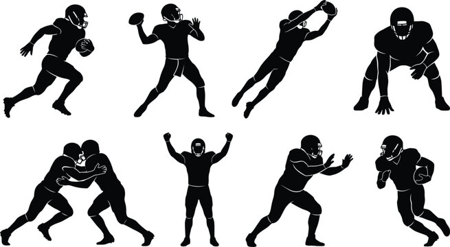 Black silhouettes of american football players in various actions