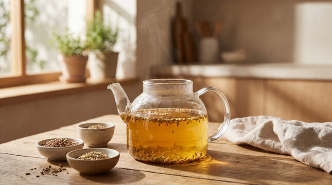Steaming teapot with herbs on a wooden table