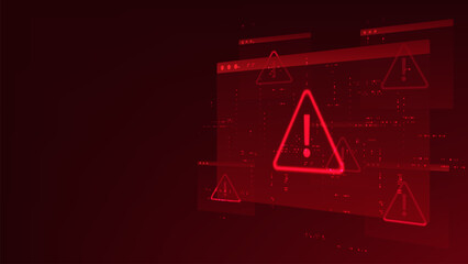 Technology background digital interface windows with glowing red warning signs, representing critical system alerts, immediate security threat detection, network vulnerabilities, cyber attack © K illustrator Photo