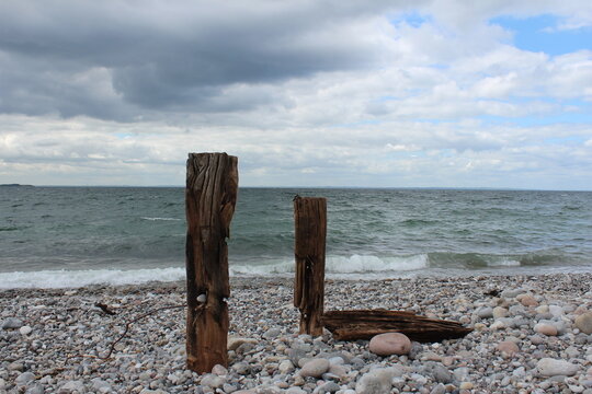 Treibholz an einem Kieselstrand mit Wellen bei rauem Wetter