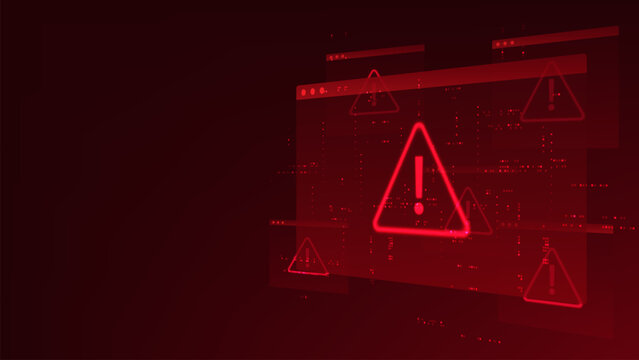 Technology background digital interface windows with glowing red warning signs, representing critical system alerts, immediate security threat detection, network vulnerabilities, cyber attack