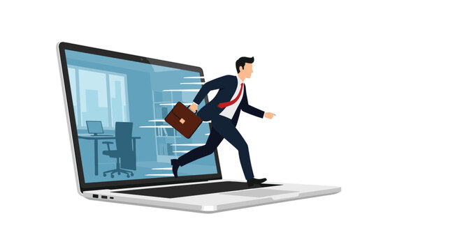 Businessman carrying a briefcase runs out of a laptop screen symbolizing digital work, telecommuting, or escaping the virtual office.