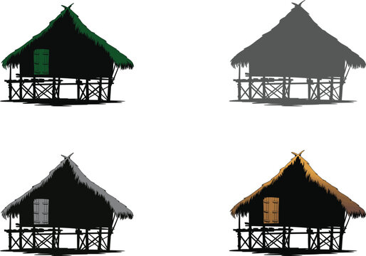Set of four traditional stilt houses with thatched roofs