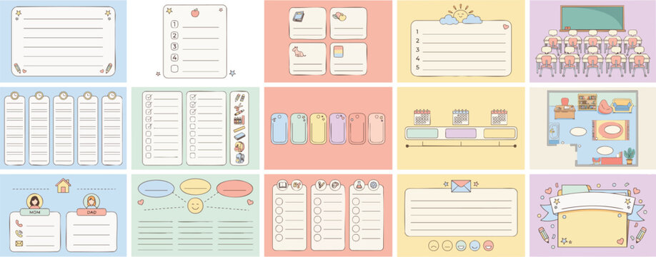 Set of cute vector stationery planner elements for school diary organization featuring colorful notepad designs and icons.