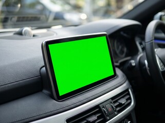 Obraz premium Angled View of Luxury Modern Car Dashboard with Blank Green Screen Monitor Mockup