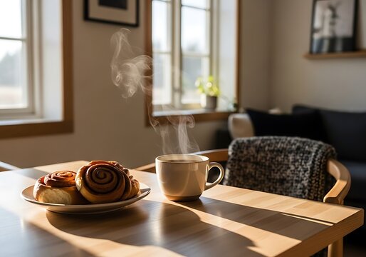 Fresh sweet cinnamon rolls and a hot cup of coffee on a wooden table in a cozy home kitchen during the morning. kaffe pause