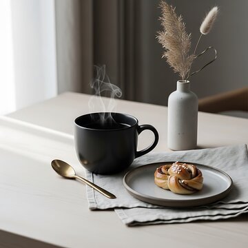 A steaming hot cup of coffee with a fresh pastry and a spoon on a table in a cozy home kitchen setting. kaffe pause