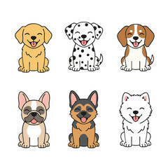 Naklejka premium Collection of cute cartoon dogs in various breeds.