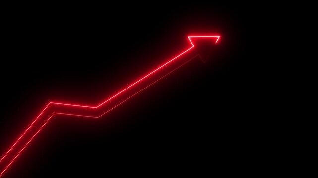 Neon Arrow With A Curved Line On A Black Background light glowing.Business Growth Arrow and Graph Chart Animation . Abstract glowing business arrow icon animation video on black background