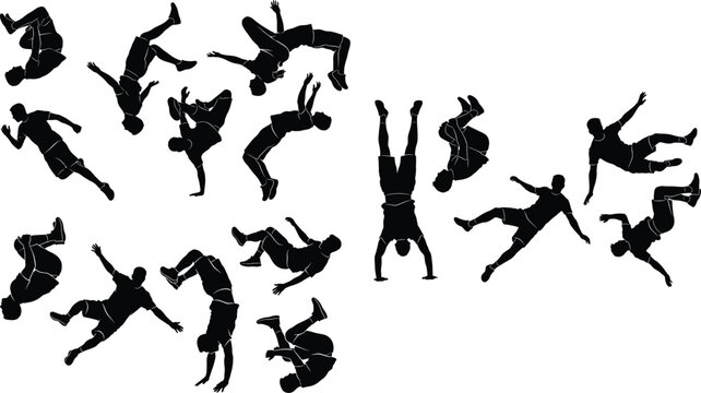 Black silhouettes of people doing flips and acrobatics