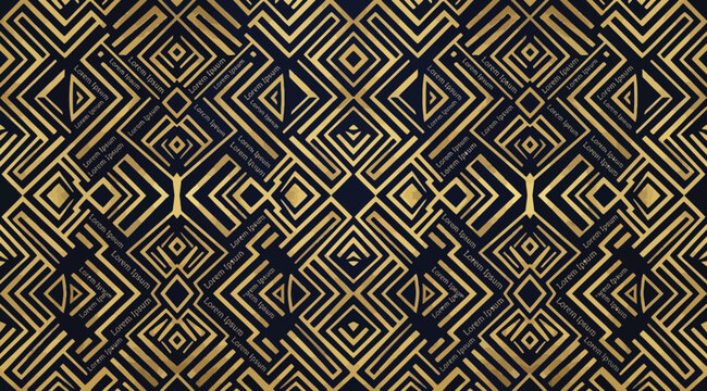 Luxury seamless pattern with golden geometric lines and repeating lorem ipsum text on a dark blue background, intricate art deco style wallpaper design