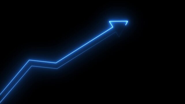 Neon Arrow With A Curved Line On A Black Background light glowing.Business Growth Arrow and Graph Chart Animation . Abstract glowing business arrow icon animation video on black background